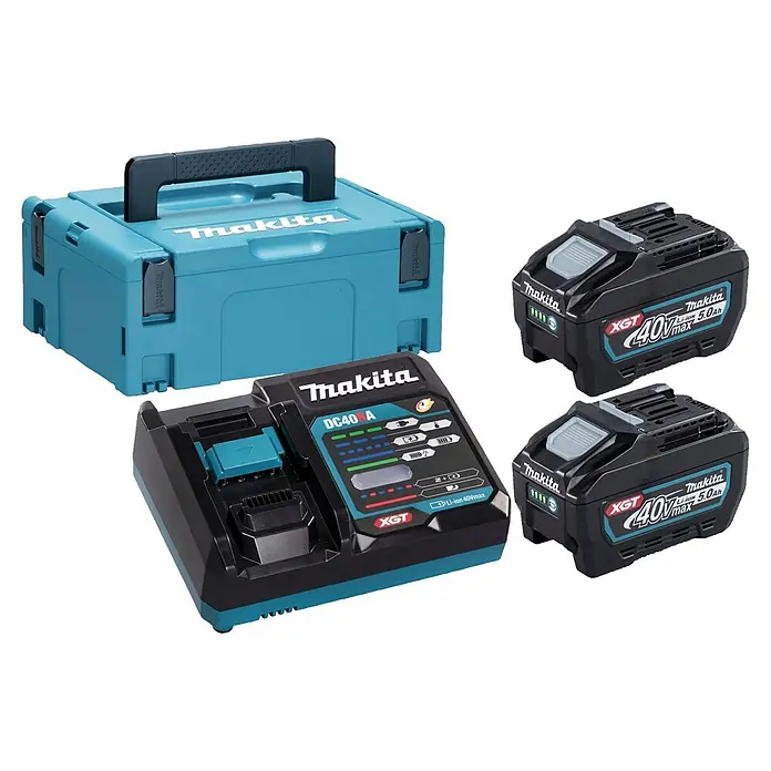 Makita XGT 40V max. Akku-Set - 40 V, 5 Ah, Li-Ionen, 2 Akkus - Makita Werkzeugset: türkise Box, schwarzes Ladegerät und zwei schwarze 40Vmax Li-Ionen-Akkus.