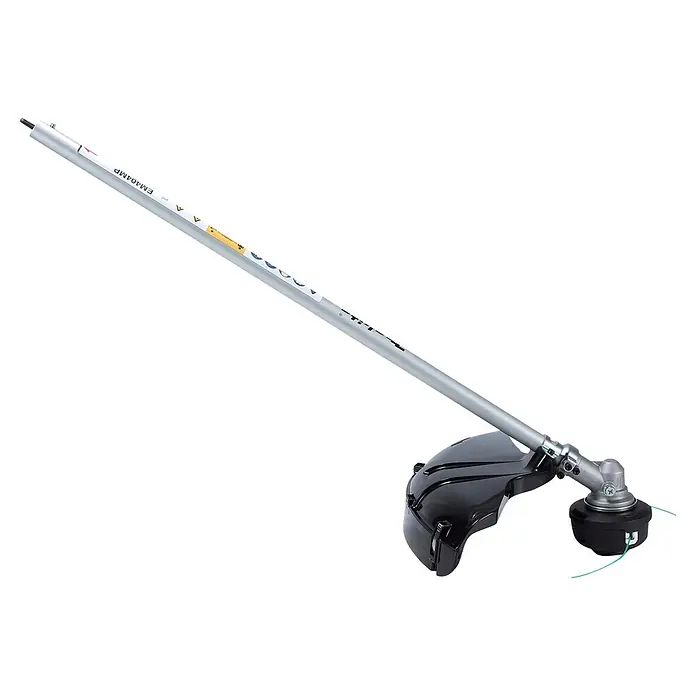 Makita Rasentrimmeraufsatz EM404MP - Passend für: 255 mm Kunststoff-Messerkopf 255 mm, 230 mm Metallschneideblatt oder 420 mm Fadenkopf - Silberner Freischneider-Vorsatz mit schwarzem Schutz, Winkelgetriebe und schwarzem Trimmerkopf mit grüner Schneidlinie.