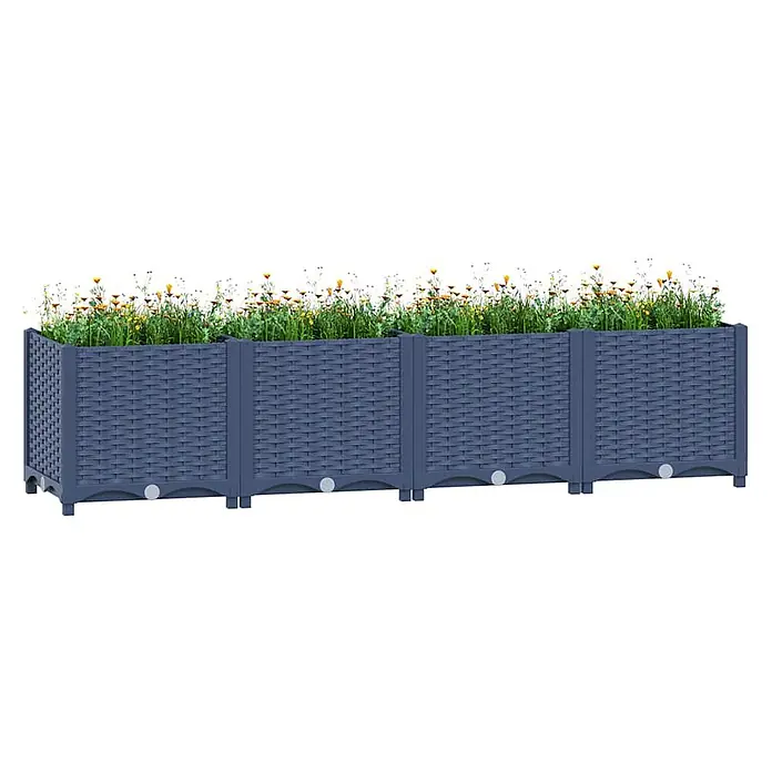 Furnicato Hochbeet - 160 x 40 x 38 cm, Kunststoff, Blaugrau - Blaugrauer modularer Pflanzkasten in Rattan-Optik, vier Sektionen mit leuchtend gelben und orangen Blumen gefüllt.