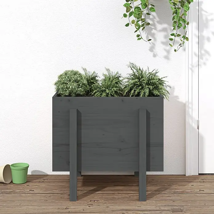 Furnicato Hochbeet - 50 x 62 x 57 cm, Holz, Graue Kiefer - Dunkelgraues Holz-Hochbeet mit verschiedenen Grünpflanzen auf einer Holzterrasse.