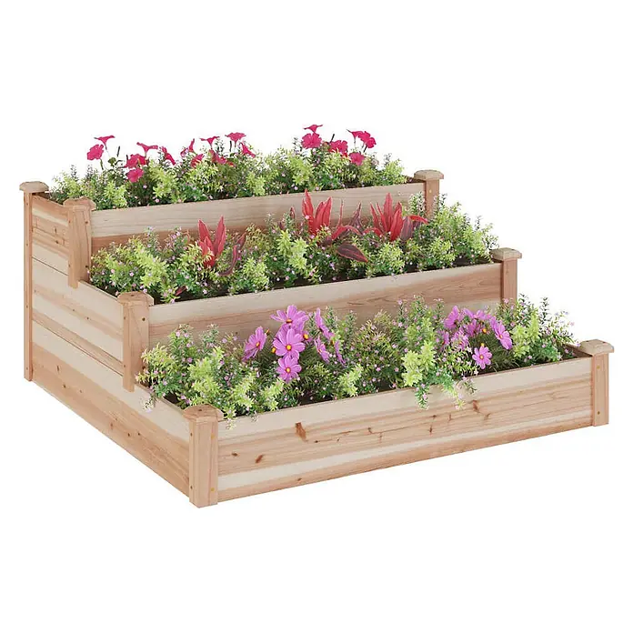 Furnicato Hochbeet - 120 x 120 x 56 cm, Holz, Natur - Gestuftes Pflanzbeet aus Naturholz, gefüllt mit leuchtenden Blumen und grünen Pflanzen.