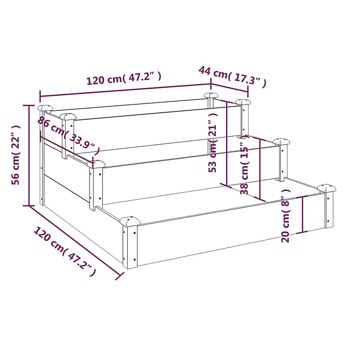 Furnicato Hochbeet Tannen-Massivholz - 120 x 120 x 56 cm, Holz, Grau - Ein weißes, dreistufiges, rechteckiges Hochbeet.