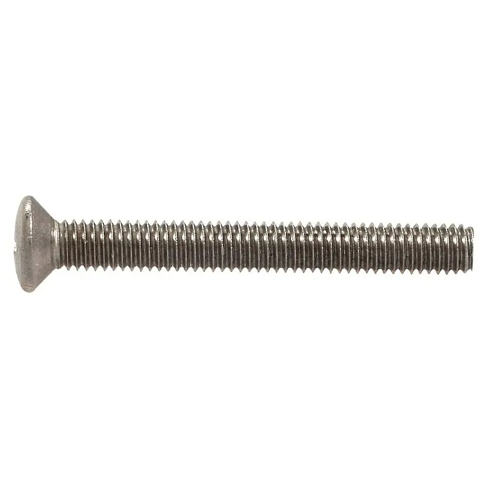 Marinetech Linsensenkschraube - Ø x L: 5 x 20 mm, A4, Edelstahl, DIN 966, Linsenkopf - Nahaufnahme einer Senkkopfschraube aus Metall mit durchgehendem Gewinde vor einem neutralen Hintergrund.