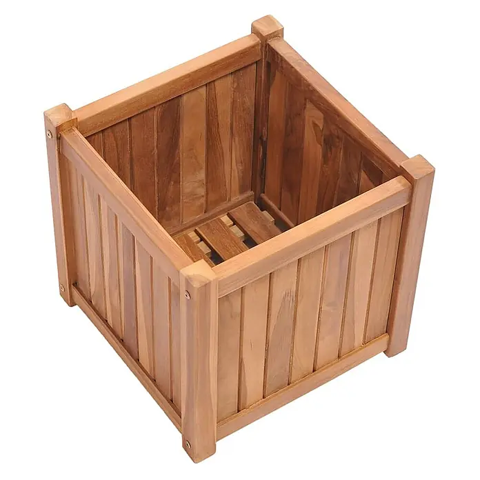 Furnicato Pflanzkübel aus Teakholz 40 x 40 x 40 cm -  - Quadratischer Blumenkasten aus Holz mit Lattenseiten und -boden, aus hellbraunem Holz.
