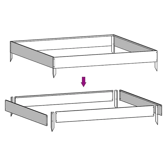 Furnicato Hochbeet - 100 x 100 x 26 cm, Stahl, Witterungsbeständiger Stahl/Braun - Modulares Hochbeet, aufgebaut und zerlegt dargestellt, mit weißen und grauen Platten und Erdspießen.
