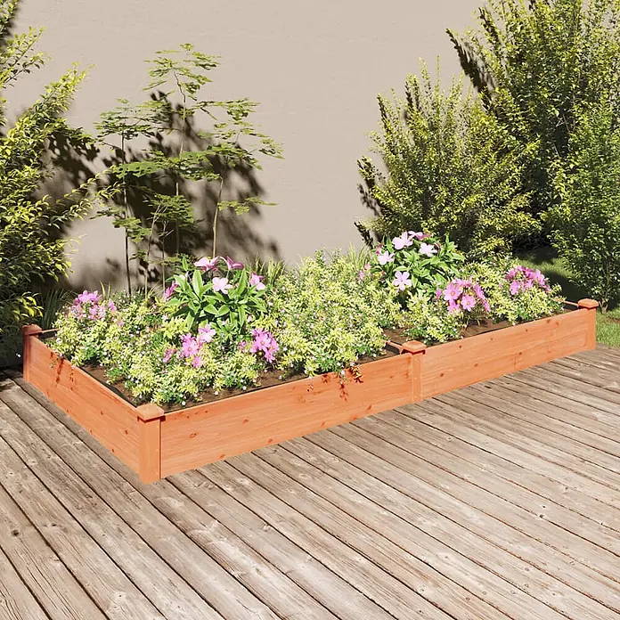 Furnicato Hochbeet - 240 x 120 x 25 cm, Holz, Braun - Zwei lange hölzerne Hochbeete gefüllt mit bunten Blumen und grünen Pflanzen, auf einem Holzdeck platziert.