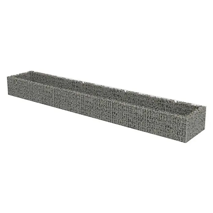 Furnicato Hochbeet - 90 x 540 x 50 cm, Stahl, Silber - Langer, rechteckiger Gabionen-Pflanzkübel aus Drahtgeflecht, gefüllt mit grauen Steinen.