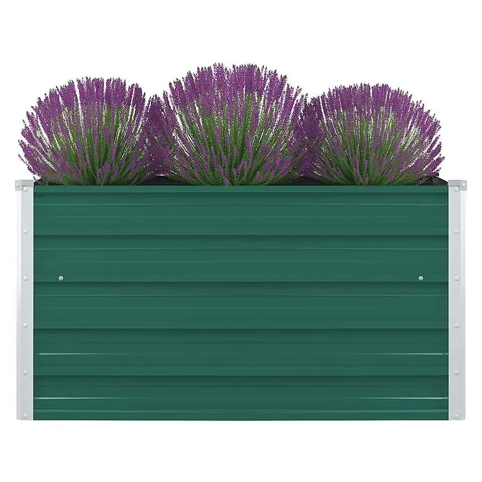 Furnicato Hochbeet verzinkter Stahl - 100 x 100 x 45 cm, Metall, Grün - Grünes Hochbeet aus Wellblech mit silbernen Eckrahmen, gefüllt mit violetten Blühpflanzen.