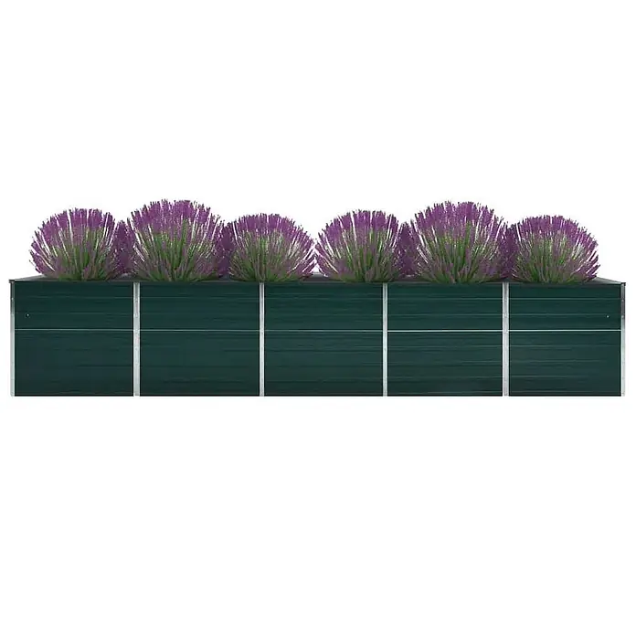 Furnicato Hochbeet - 400 x 80 x 77 cm, Stahl, Grün - Dunkelgrüner rechteckiger Metall-Pflanzkasten mit mehreren künstlichen lila-grünen Kugelblumen.