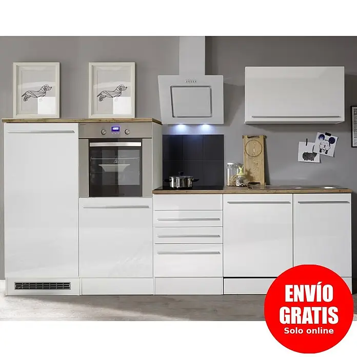 Respekta Premium Composición de cocina Gabriel - Ancho: 290 cm, Blanco, Con electrodomésticos - Mueble de cocina moderno con armarios blancos brillantes, encimera de efecto madera y electrodomésticos de acero inoxidable.