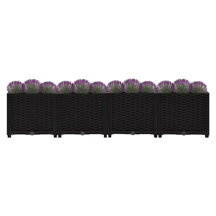 Furnicato Hochbeet - 160 x 40 x 38 cm, Kunststoff, Schwarz - Langer schwarzer Pflanzkasten mit Korbmuster, gefüllt mit leuchtend violetten Blumen.