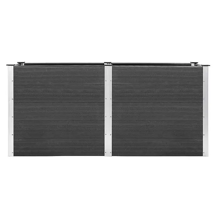 Furnicato Hochbeet - 50 x 200 x 91 cm, Verbundwerkstoff, Grau - Dunkelgraues, horizontal lamelliertes Gartenzaunpaneel mit silbernen Metallpfosten.