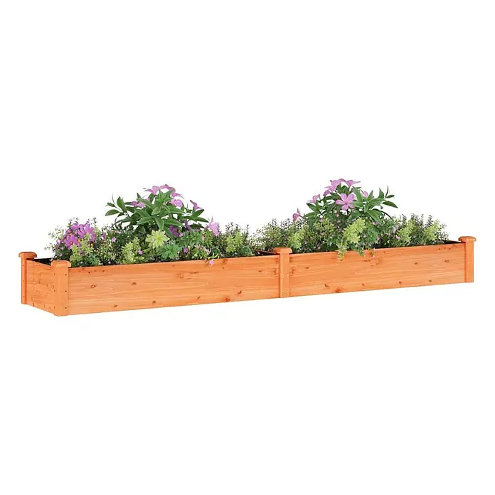 Furnicato Hochbeet - 240 x 45 x 25 cm, Holz, Braun - Langer, hellbrauner Holz-Pflanzkasten, gefüllt mit lebhaften grünen und violetten Kunstpflanzen.