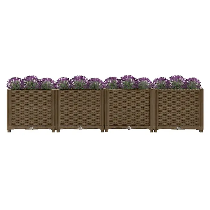 Furnicato Hochbeet - 40 x 160 x 38 cm, Kunststoff, Braun - Braune modulare Pflanzkübel in Rattan-Optik, gefüllt mit leuchtenden lila Blumen.