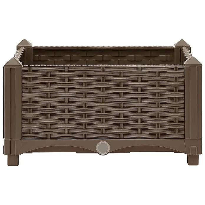 Furnicato Hochbeet - 40 x 40 x 23 cm, Kunststoff, Braun - Brauner rechteckiger Pflanzkübel mit geflochtener Rattan-Textur und Ablassstopfen.
