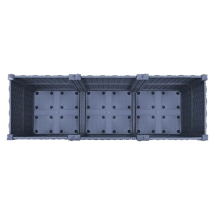 Furnicato Hochbeet - 120 x 40 x 38 cm, Kunststoff, Blaugrau - Dunkelgrauer modularer Pflanzkasten aus Kunststoff mit drei Fächern und perforierten Böden, Draufsicht.