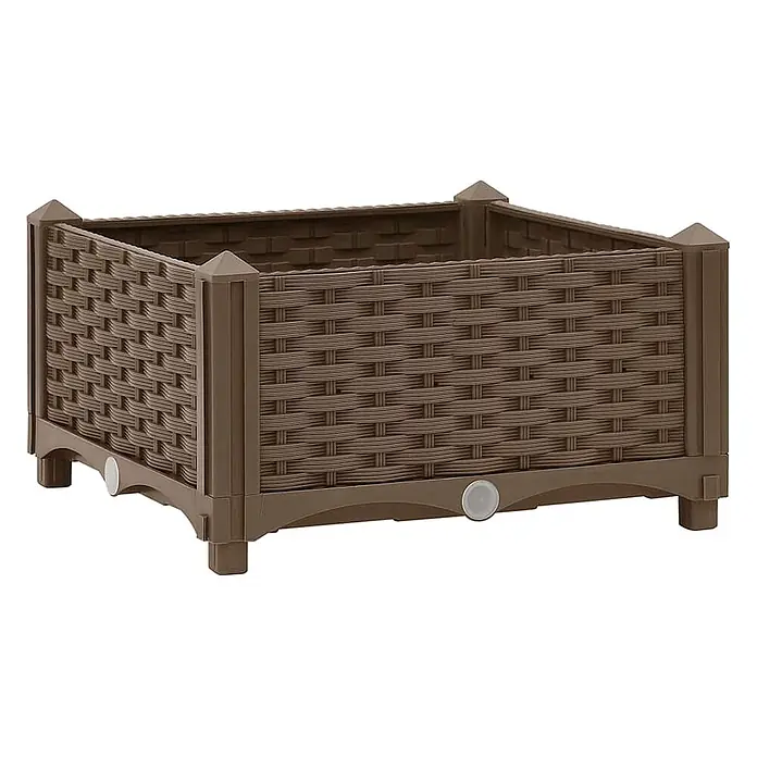 Furnicato Hochbeet - 40 x 40 x 23 cm, Kunststoff, Braun - Brauner rechteckiger Pflanzkasten mit geflochtener Rattan-Optik und Entwässerungsanzeigen.