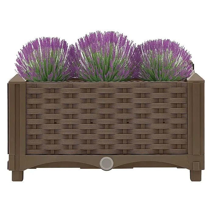Furnicato Hochbeet - 40 x 40 x 23 cm, Kunststoff, Braun - Brauner rechteckiger Pflanzkübel mit geflochtenem Design und drei lila Lavendelpflanzen. Verfügt über einen Abflussstopfen.