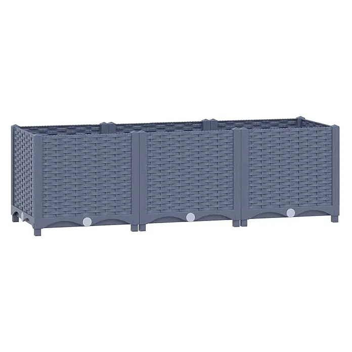 Furnicato Hochbeet - 120 x 40 x 38 cm, Kunststoff, Blaugrau - Langes, rechteckiges Pflanzgefäß in Rattan-Optik, Grau, mit drei Abschnitten und Ablassstopfen.