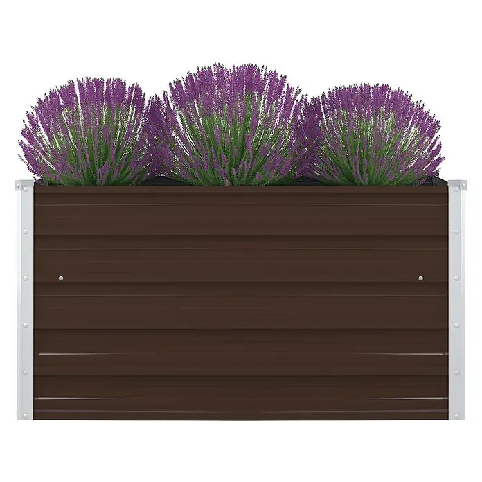 Furnicato Hochbeet - 100 x 100 x 45 cm, Metall, Braun - Dunkelbraunes Hochbeet aus Wellblech mit silbernen Ecken, bepflanzt mit drei lila blühenden Pflanzen.