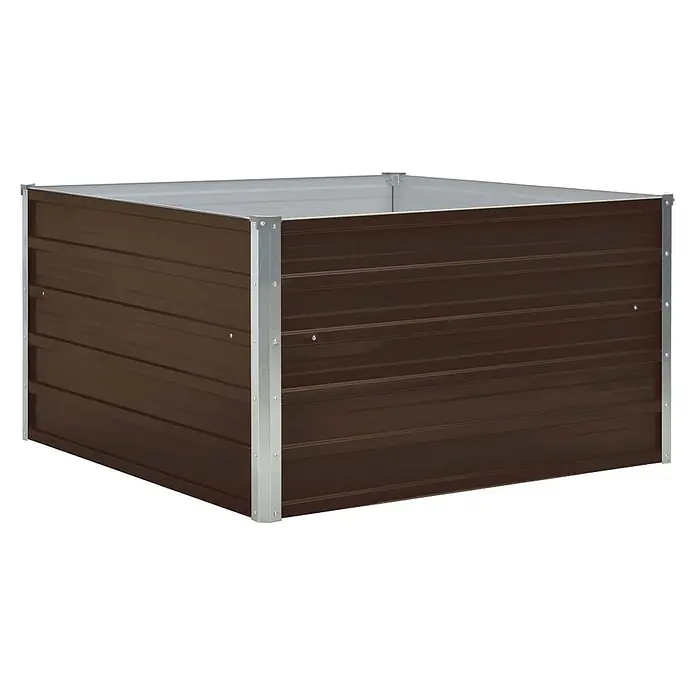 Furnicato Hochbeet - 100 x 100 x 45 cm, Metall, Braun - Braunes Hochbeet aus Metall mit geriffelten Seiten und silbernen Eckpfosten.