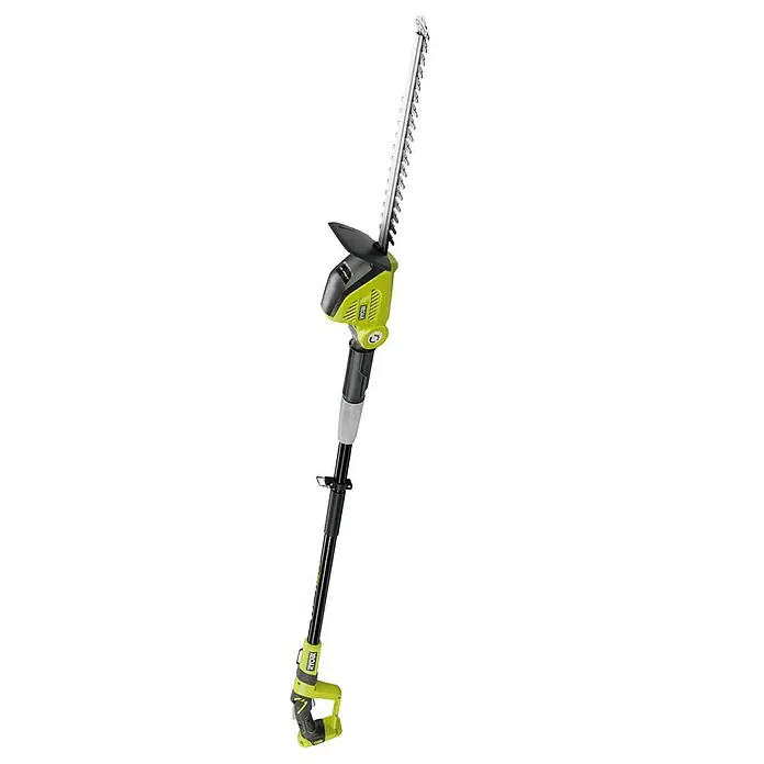 Ryobi ONE+ Teleskop-Heckenschere OPT1845 - 18 V, Li-Ionen, Ohne Akku - Das Bild zeigt eine Ryobi Akku-Stiel Heckenschere, ein Gartengerät für präzise und komfortable Heckenpflege.