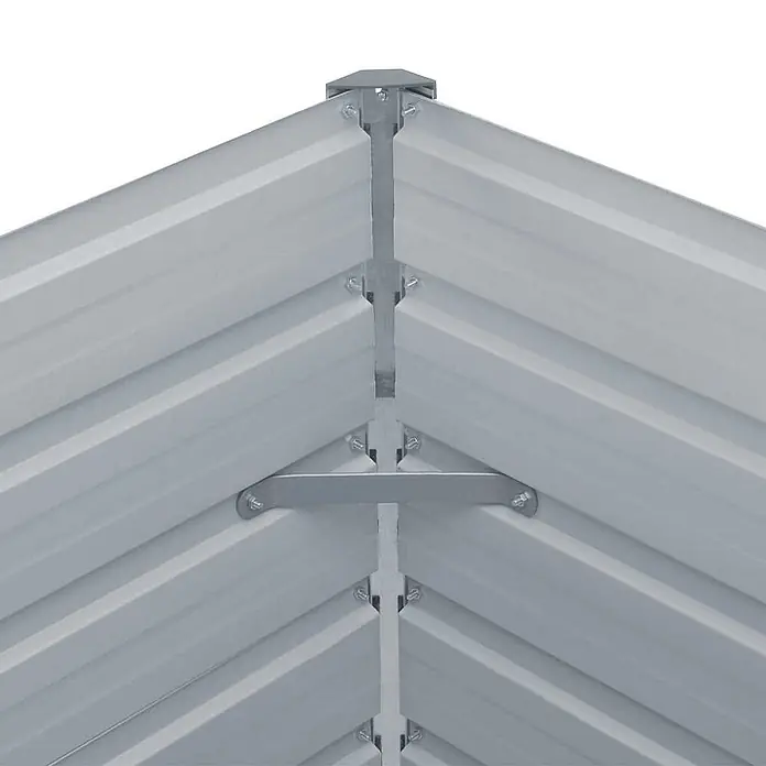 Furnicato Hochbeet - 129 x 129 x 46 cm, Metall, Grau - Nahaufnahme des Dachfirsts eines grauen Wellblechschuppendachs mit stabiler Metallrahmenverbindung.