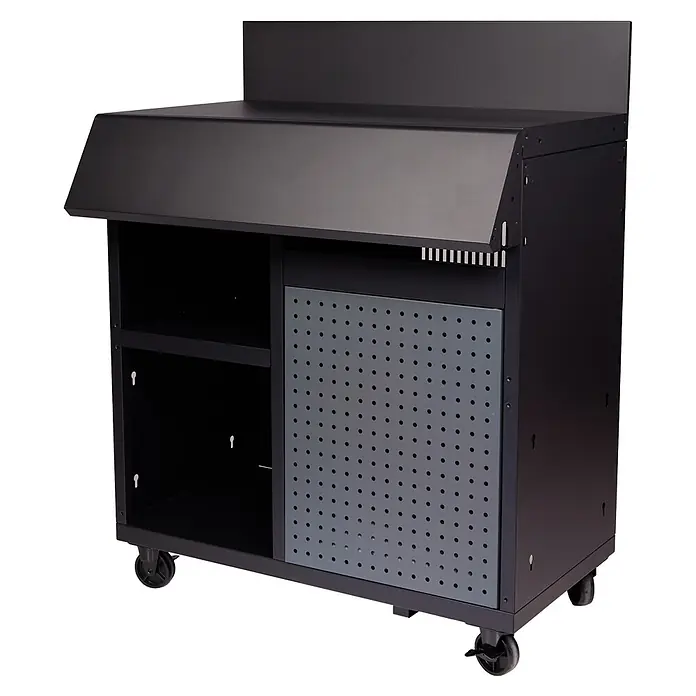 Módulo de cocina exterior Burn - Acero, Negro/Gris - Armario de almacenamiento móvil de metal negro con tapa inclinada, estantes interiores y puerta perforada gris, con ruedas.