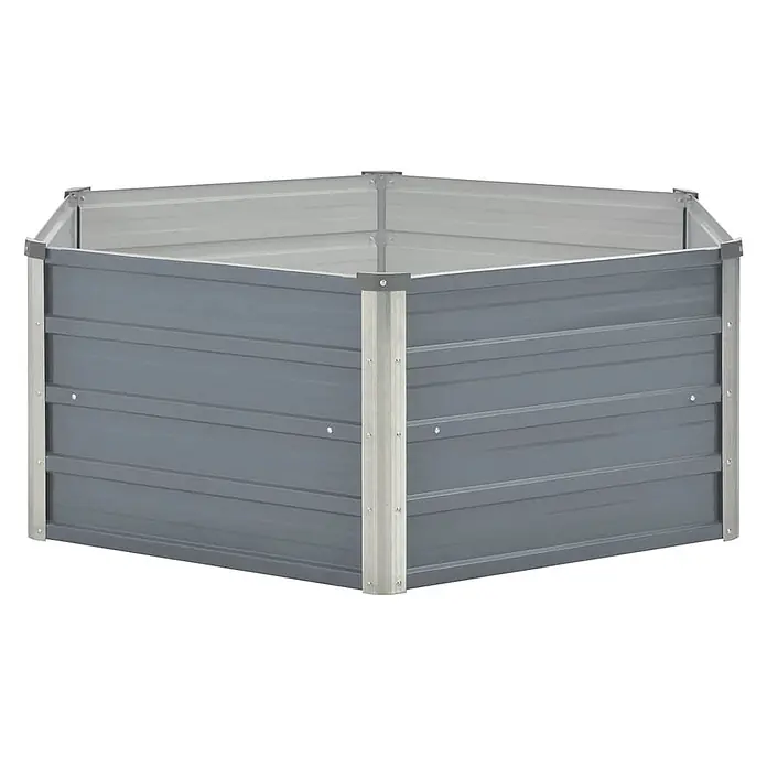 Furnicato Hochbeet - 129 x 129 x 46 cm, Metall, Grau - Hexagonales graues Metall-Hochbeet mit Wellblechpaneelen und verstärkten Ecken, bereit zum Bepflanzen.