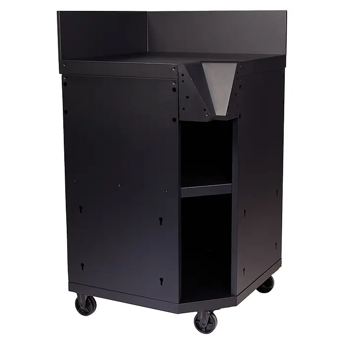Módulo de cocina exterior Burn - Angular, Acero, Negro/Gris - Carrito utilitario de metal negro con ruedas, con múltiples compartimentos de almacenamiento y sección superior inclinada.