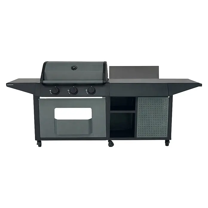 Barbacoa de gas Burn - Superficie de la parrilla (An x Pr): 61,5 x 41,5 cm, 10,5 kW, Número de quemadores: 3 ud. - Barbacoa de gas gris oscuro con tres quemadores, mesas laterales y almacenamiento integrado, con ruedas.