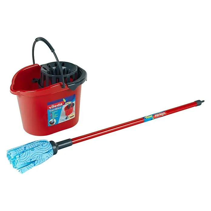 Klein Vileda Kinder-Wischmop-Set - 2 -tlg. - Vileda SuperMocio Junior Mopp-Set mit rotem Eimer und blauem Moppkopf für effektive Reinigung.