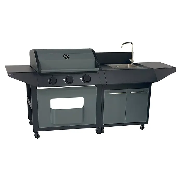 Fregadero con armario inferior Burn - L x An x Al: 54 x 70 x 116 cm, Negro/Gris, Módulo de lavado - Cocina exterior gris oscuro con parrilla de gas, fregadero con grifo, superficies de trabajo y almacenamiento integrado con ruedas.