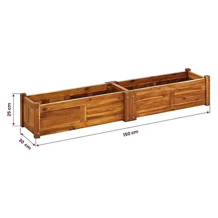 Furnicato Hochbeet Akazienholz geölt - 30 x 150 x 25 cm, Holz, Braun - Langes, rechteckiges, naturbraunes Holz-Pflanzgefäß, 150 cm lang, 30 cm breit, 25 cm hoch.