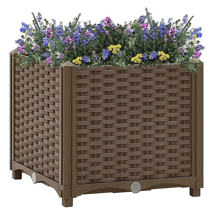 Furnicato Hochbeet - 40 x 40 x 38 cm, Kunststoff, Braun - Brauner, geflochtener quadratischer Pflanzkübel aus Kunststoff mit bunten Blumen.