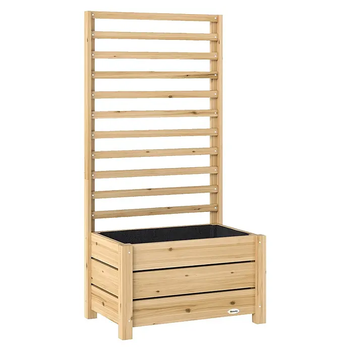 Furnicato Hochbeet - 120 x 39 x 120 cm, Holz, Naturholz - Helles Holz-Pflanzgefäß mit integriertem hohem Spalier und dunklem Stoffeinsatz für Pflanzen.