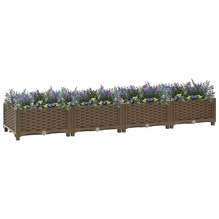 Furnicato Hochbeet - 160 x 40 x 23 cm, Kunststoff, Braun - Langer brauner Pflanzkasten in Korbflecht-Optik mit Rollen, gefüllt mit bunten Blumen.