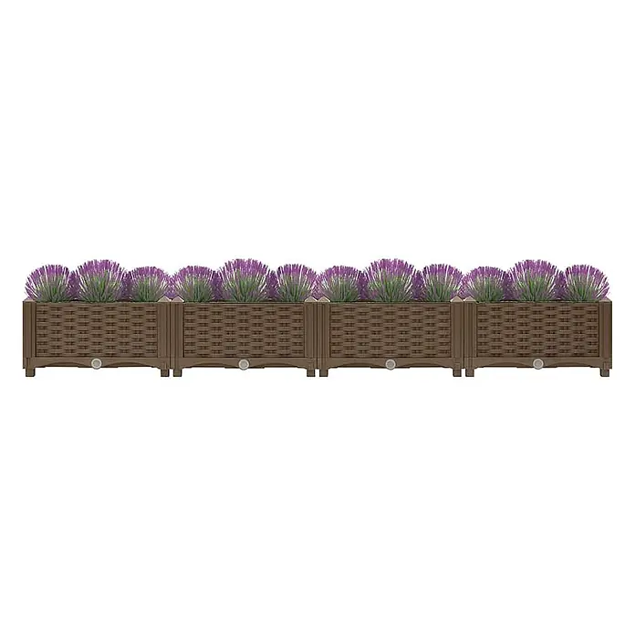 Furnicato Hochbeet - 160 x 40 x 23 cm, Kunststoff, Braun - Modulare braune Pflanzkästen im Rattan-Stil mit lila Blumen.