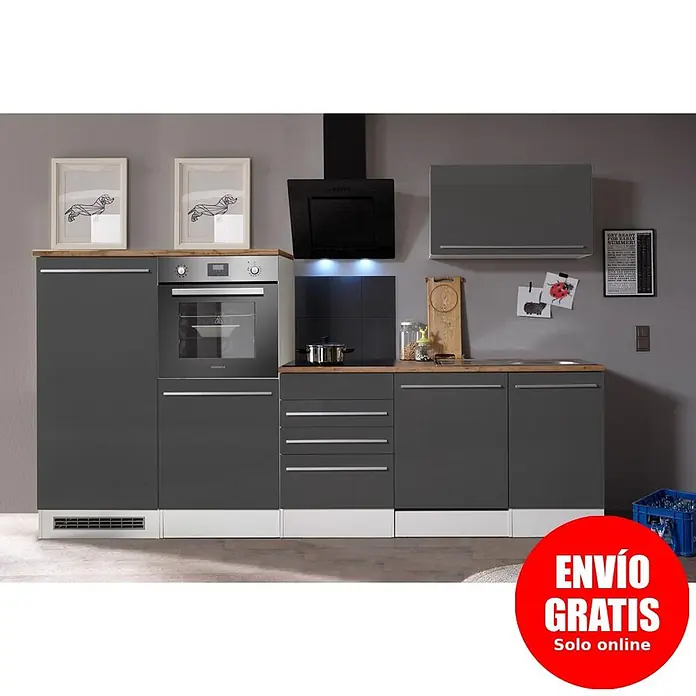 Respekta Premium Composición de cocina Gabriel - Ancho: 290 cm, Gris, Con electrodomésticos - Mueble de cocina moderno gris oscuro con horno, placa, encimera de madera y campana extractora negra.