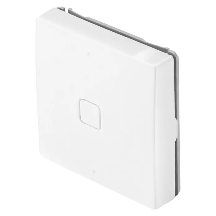 Bosch Smart Home Universalschalter - Reichweite Funk: 101 m, Aufputz - Nahaufnahme einer weißen Schalterabdeckung mit quadratischer Aussparung, die ein modernes Design und Funktionalität vereint.