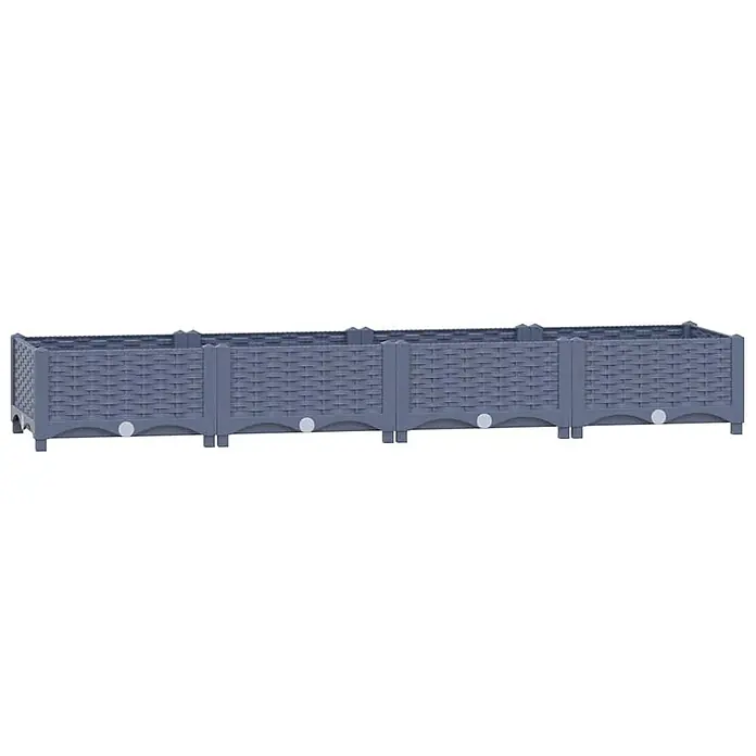 Furnicato Hochbeet - 40 x 160 x 23 cm, Kunststoff, Blaugrau - Eine lange, modulare, graue Kunststoff-Pflanzkiste in Rattan-Optik mit mehreren verbundenen Abschnitten.