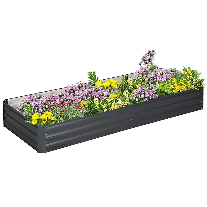 Furnicato Hochbeet - 241 x 90,5 x 30 cm, Stahl, Grau - Ein dunkelgraues, gewelltes Hochbeet aus Metall, gefüllt mit bunten Blumen.