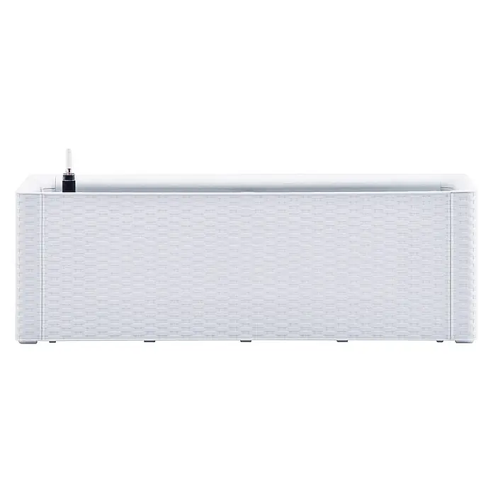 Furnicato Hochbeet - 43 x 100 x 33 cm, Kunststoff, Weiß - Weißer rechteckiger Pflanzkübel mit Rattan-Effekt und Wasserstandsanzeiger.