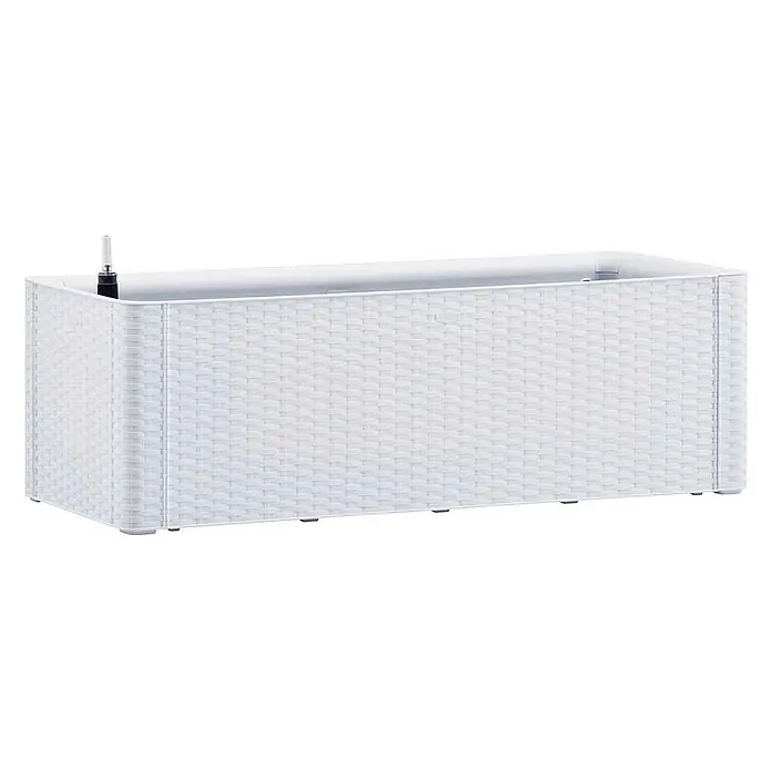 Furnicato Hochbeet - 43 x 100 x 33 cm, Kunststoff, Weiß - Weißer rechteckiger Pflanzkasten mit Rattan-Struktur und Wasserstandsanzeige.