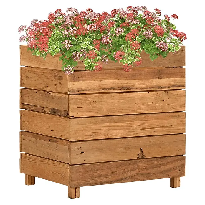 Furnicato Hochbeet - 50 x 40 x 55 cm, Holz, Braun - Pflanzkasten aus Naturholz mit roten und grünen Blumen, auf kleinen Füßen.