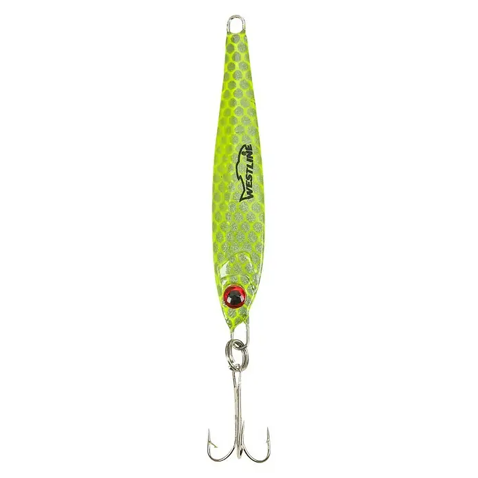 Westline Drop Pilk - BR, 40 g, 3D-Auge - Nahaufnahme eines gelb-silbernen Westline-Pilkers mit Drilling und roten Augen, ideal zum Angeln.