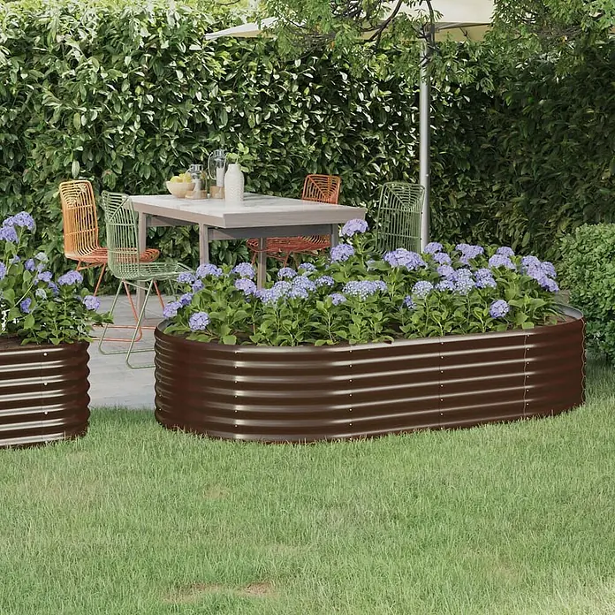 Furnicato Hochbeet - 175 x 100 x 36 cm, Stahl, Braun - Großes braunes Hochbeet aus Wellblech, gefüllt mit leuchtenden lila Hortensien, in einem sonnigen Garten.
