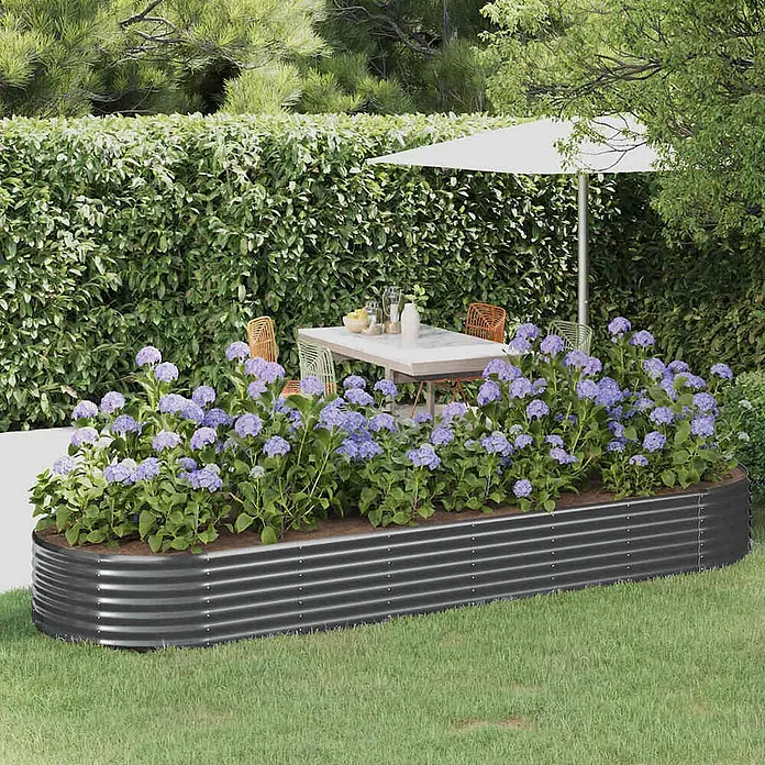 Furnicato Hochbeet - 322 x 322 x 36 cm, Stahl, Anthrazit - Dunkelgraues Hochbeet aus verzinktem Stahl mit lila Hortensien, bereichert eine Gartenterrasse.