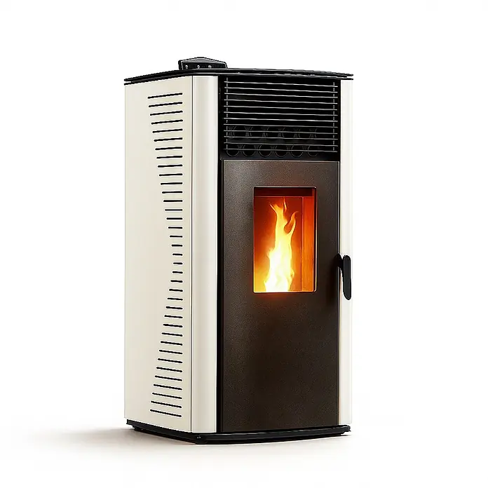 Sannover Pelletofen Anita 12 kW Weiß - 12 kW, Raumheizvermögen: 300 m³, 2,4 kg/h, Farbe Verkleidung: Weiß - Cremefarbener und dunkelbrauner Pelletofen mit sichtbarer Flamme.