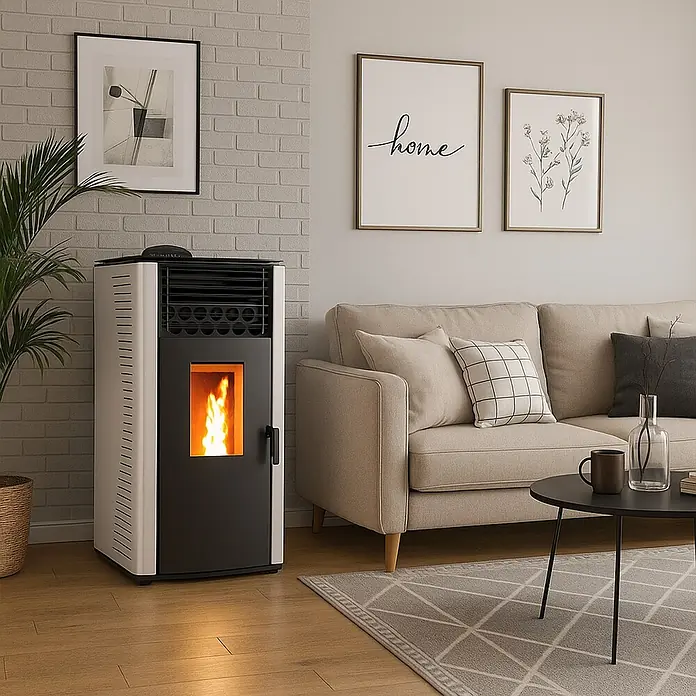 Sannover Pelletofen Anita 12 kW Weiß - 12 kW, Raumheizvermögen: 300 m³, 2,4 kg/h, Farbe Verkleidung: Weiß - Weiß-schwarzer Pelletofen mit sichtbarer Flamme, beheizt ein modernes Wohnzimmer neben einem beigen Sofa.